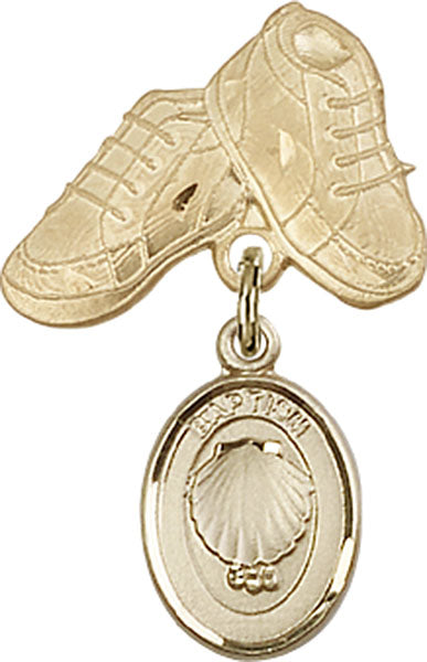 14kt Gold Baby Badge with Baptism Charm and Baby Boots Pin