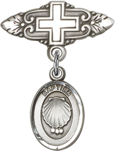 Sterling Silver Baby Badge with Baptism Charm and Badge Pin with Cross