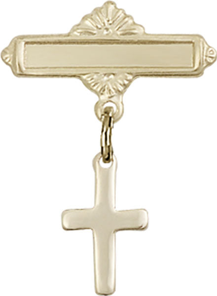 14kt Gold Baby Badge with Cross Charm and Polished Badge Pin