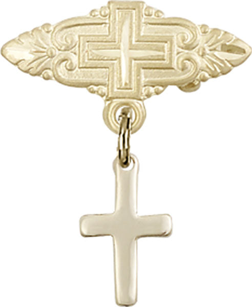 14kt Gold Baby Badge with Cross Charm and Badge Pin with Cross