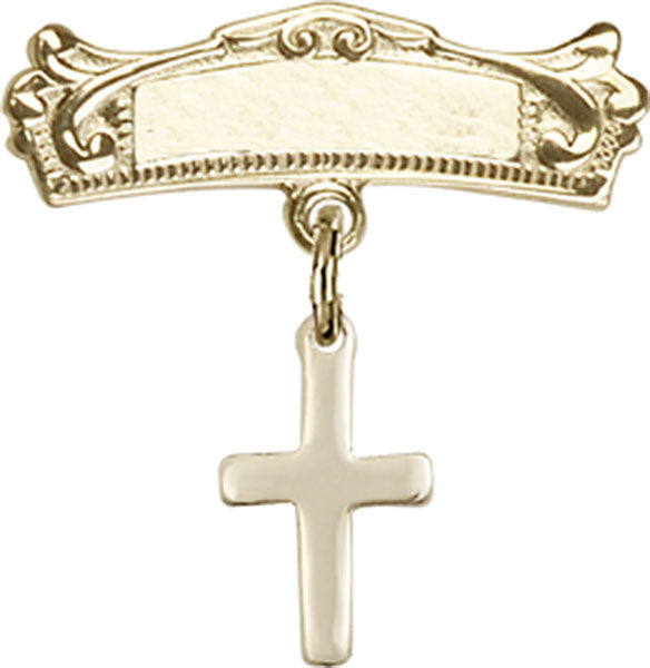 14kt Gold Baby Badge with Cross Charm and Arched Polished Badge Pin
