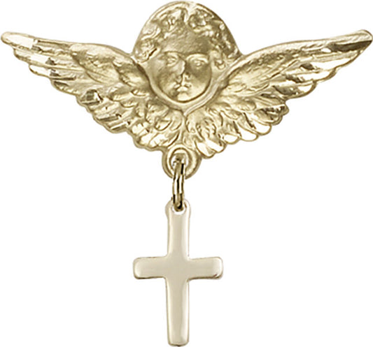 14kt Gold Baby Badge with Cross Charm and Angel w/Wings Badge Pin