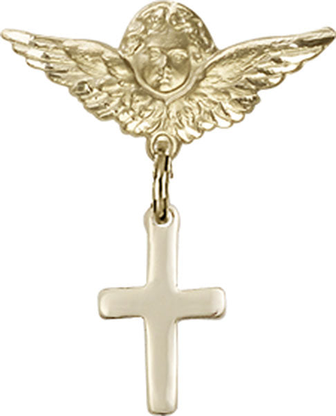 14kt Gold Baby Badge with Cross Charm and Angel w/Wings Badge Pin