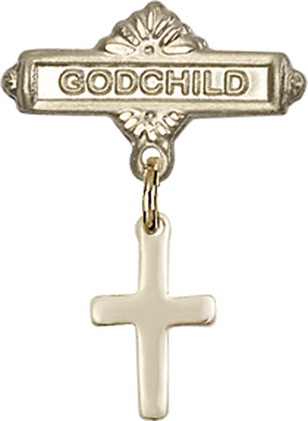 14kt Gold Baby Badge with Cross Charm and Godchild Badge Pin