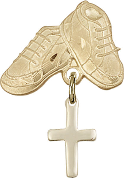 14kt Gold Baby Badge with Cross Charm and Baby Boots Pin