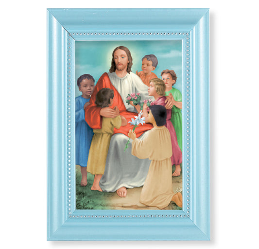 Christ with Children Pearlized Blue Framed Art