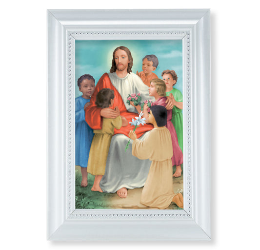 Christ with Children Pearlized White Framed Art