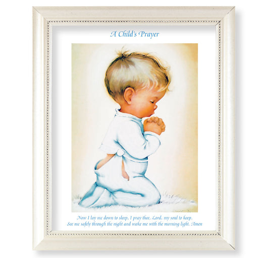 Praying Boy Pearlized White Framed Art
