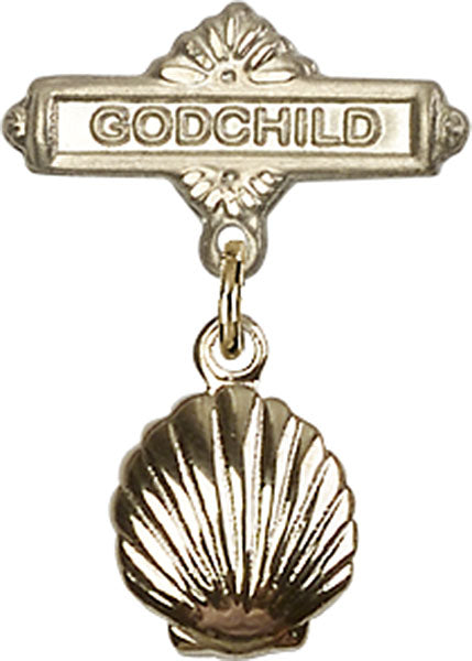 14kt Gold Filled Baby Badge with Shell Charm and Godchild Badge Pin