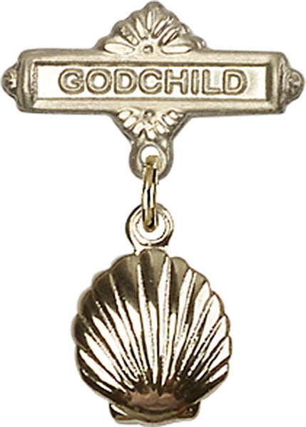 14kt Gold Baby Badge with Shell Charm and Godchild Badge Pin