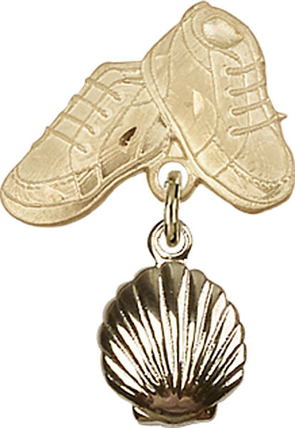 14kt Gold Baby Badge with Shell Charm and Baby Boots Pin