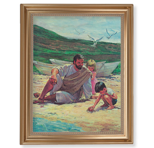 Beach with Children Gold Framed Art