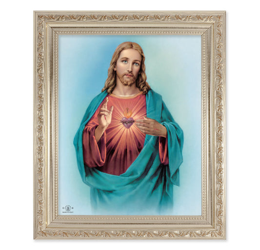 Sacred Heart of Jesus Antique Silver Framed Art
