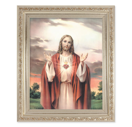 Sacred Heart of Jesus Antique Silver Framed Art
