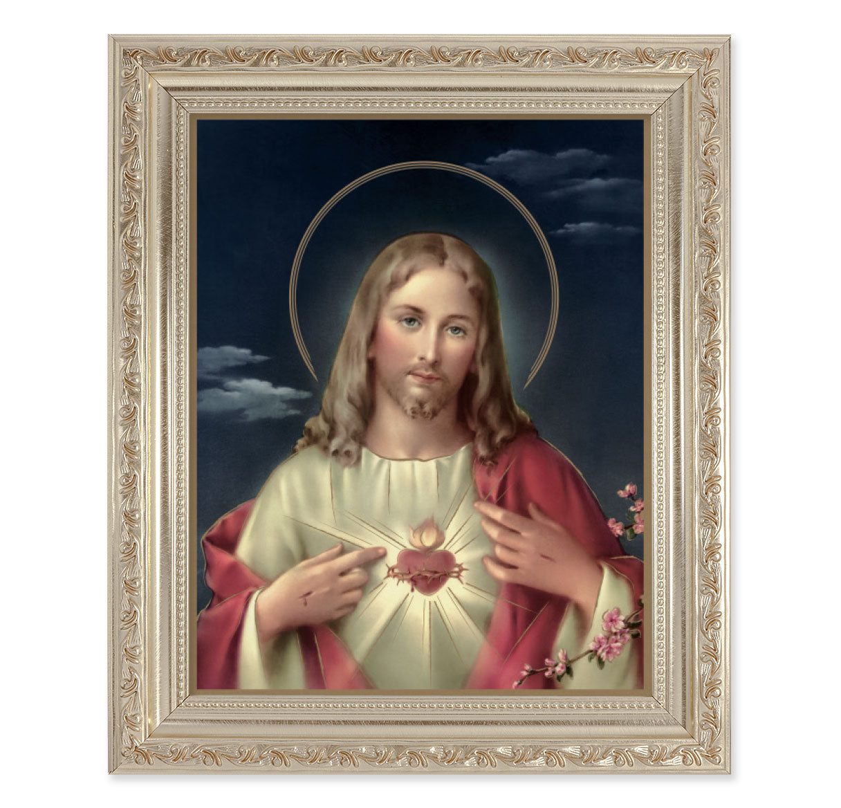 Sacred Heart of Jesus Antique Silver Framed Art