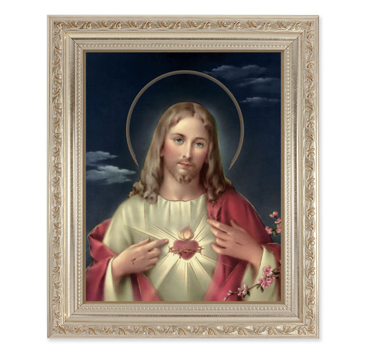 Sacred Heart of Jesus Antique Silver Framed Art