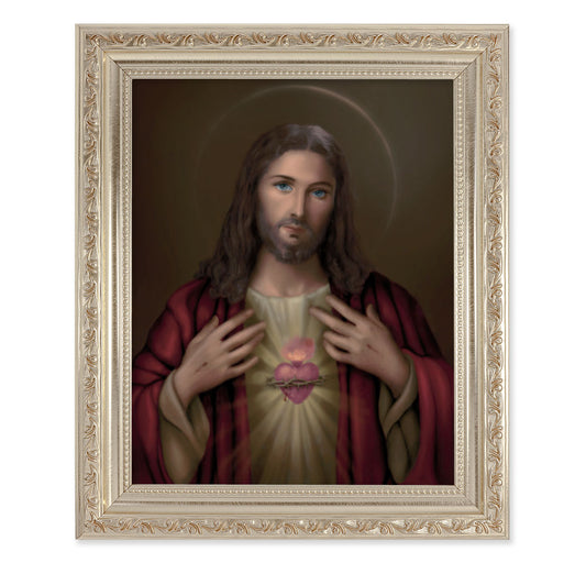 Sacred Heart of Jesus Antique Silver Framed Art