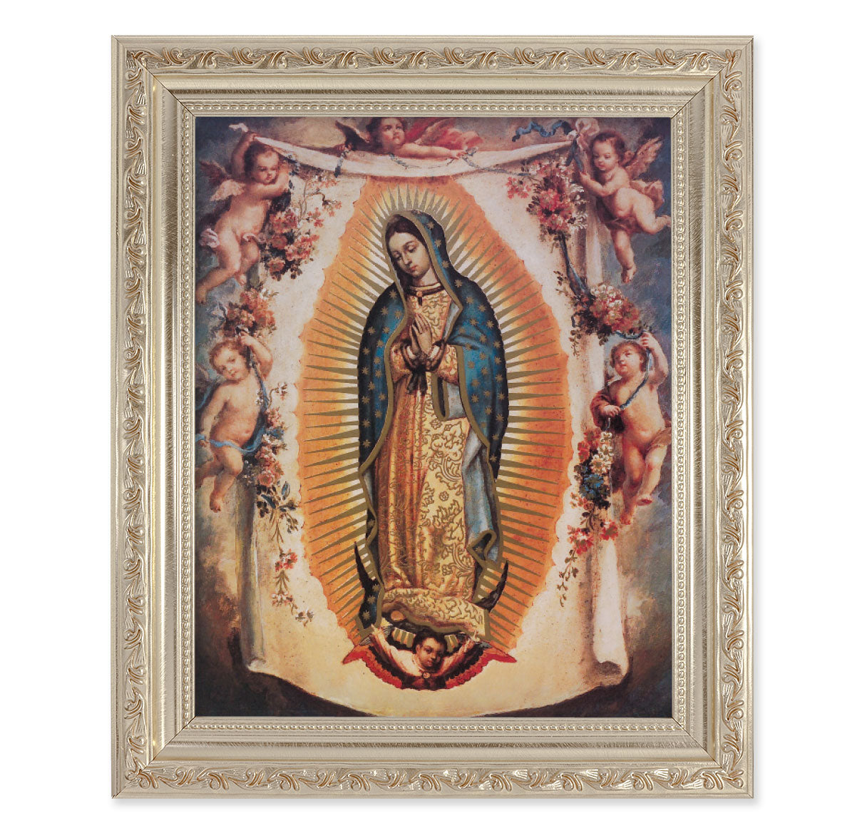 Our Lady of Guadalupe with Angels Antique Silver Framed Art