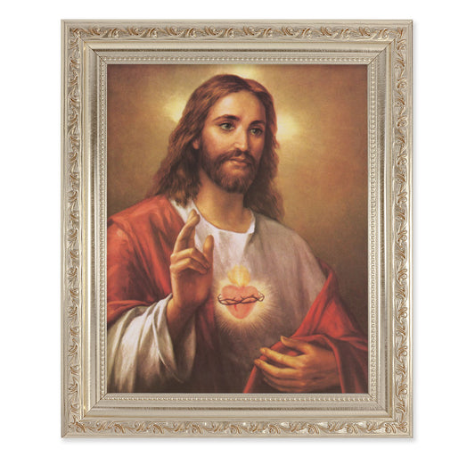 Sacred Heart of Jesus Antique Silver Framed Art