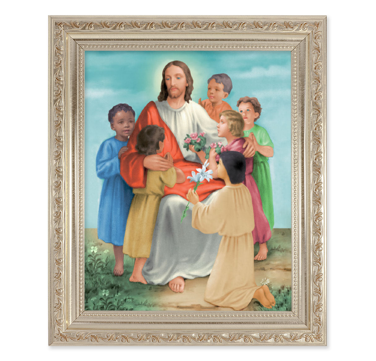 Christ with Children Antique Silver Framed Art