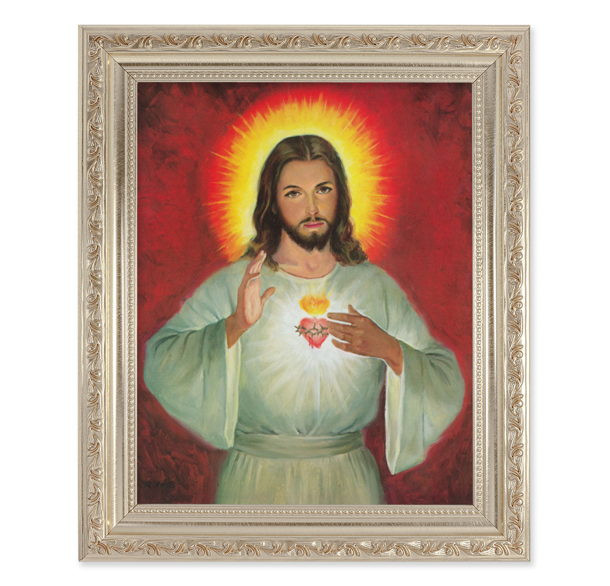 Sacred Heart of Jesus Antique Silver Framed Art