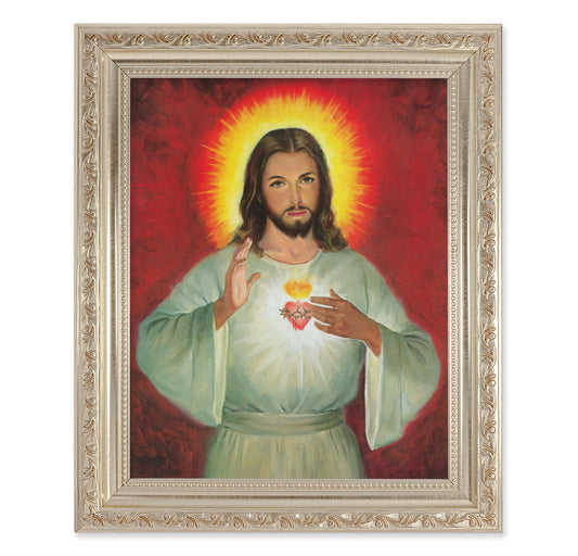 Sacred Heart of Jesus Antique Silver Framed Art