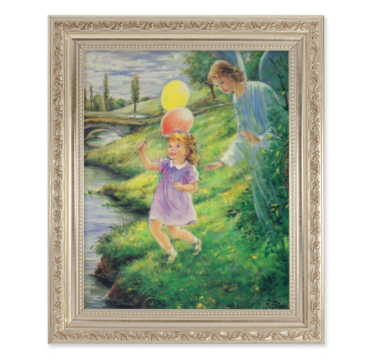 Guardian Angel with Girl Antique Silver Framed Art