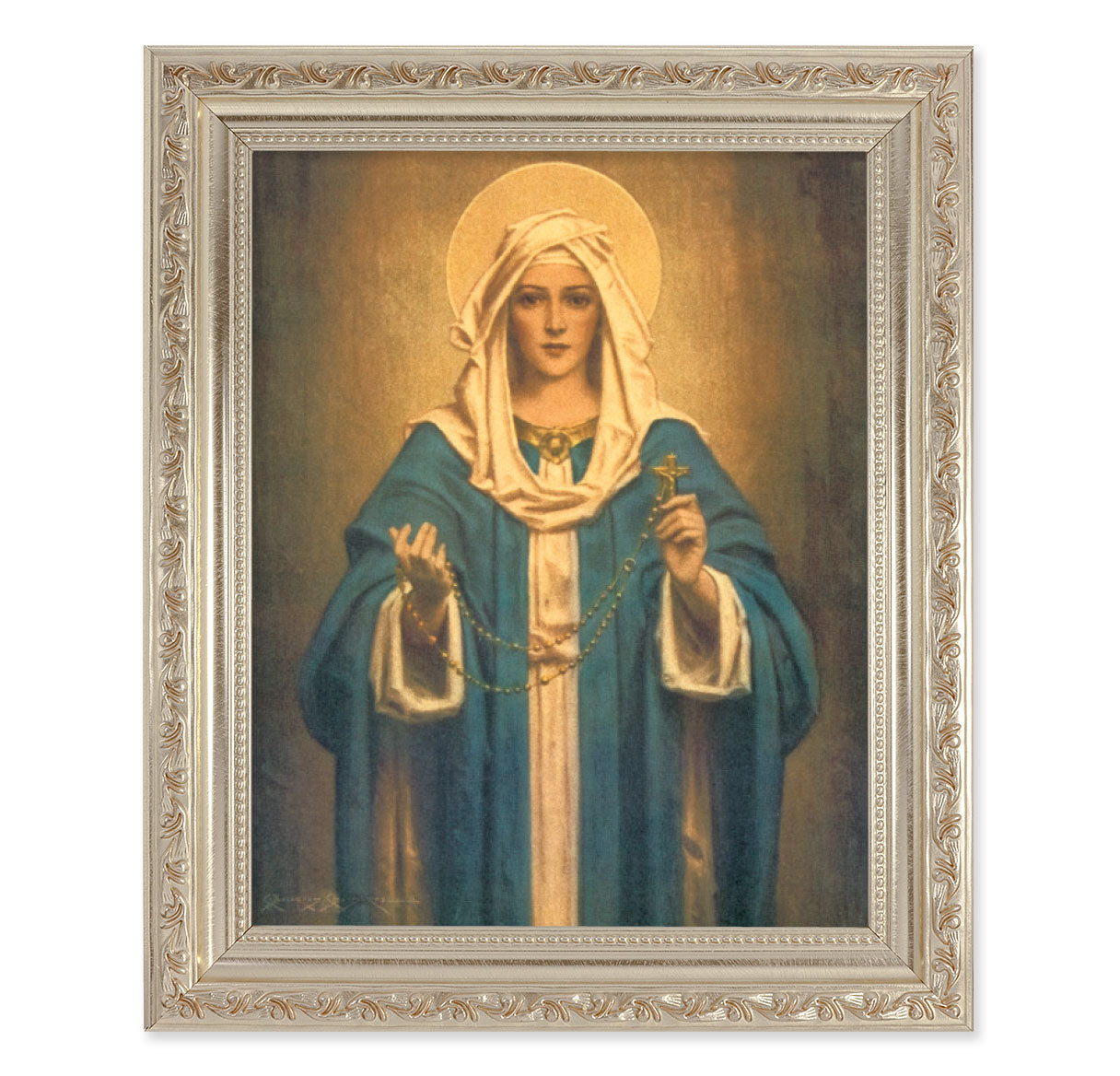 Our Lady of the Rosary Antique Silver Framed Art