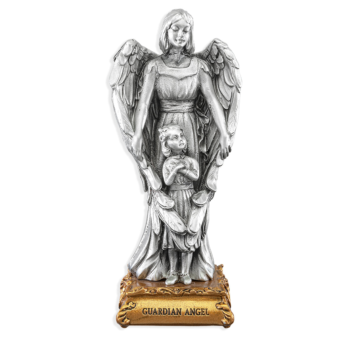Guardian Angel with Girl Pewter Statue