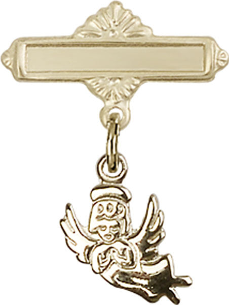 14kt Gold Baby Badge with Guardian Angel Charm and Polished Badge Pin