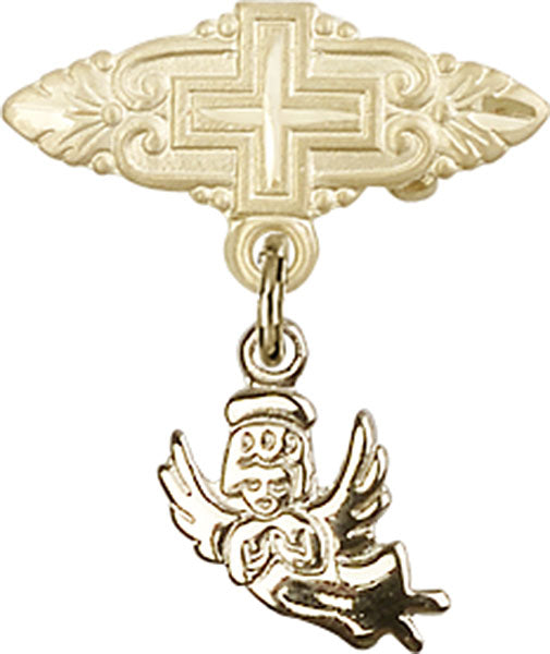 14kt Gold Baby Badge with Guardian Angel Charm and Badge Pin with Cross