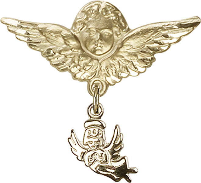 14kt Gold Baby Badge with Guardian Angel Charm and Angel w/Wings Badge Pin