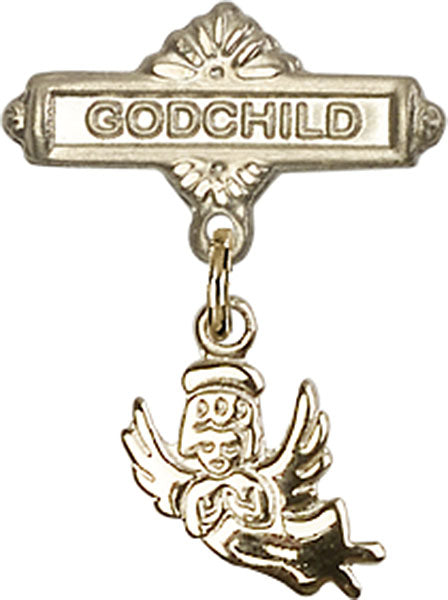 14kt Gold Baby Badge with Guardian Angel Charm and Godchild Badge Pin