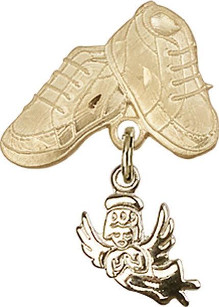 14kt Gold Baby Badge with Guardian Angel Charm and Baby Boots Pin