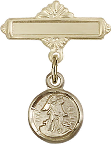 14kt Gold Baby Badge with Guardian Angel Charm and Polished Badge Pin