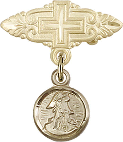 14kt Gold Baby Badge with Guardian Angel Charm and Badge Pin with Cross