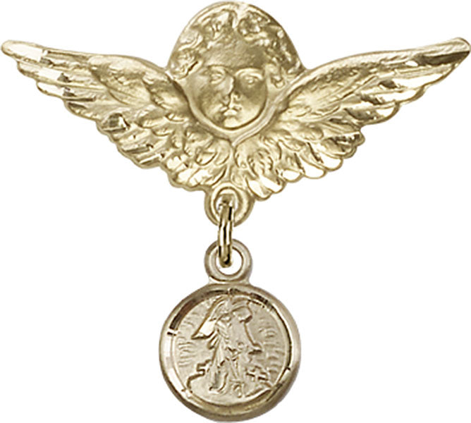 14kt Gold Baby Badge with Guardian Angel Charm and Angel w/Wings Badge Pin