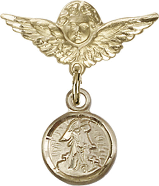 14kt Gold Baby Badge with Guardian Angel Charm and Angel w/Wings Badge Pin