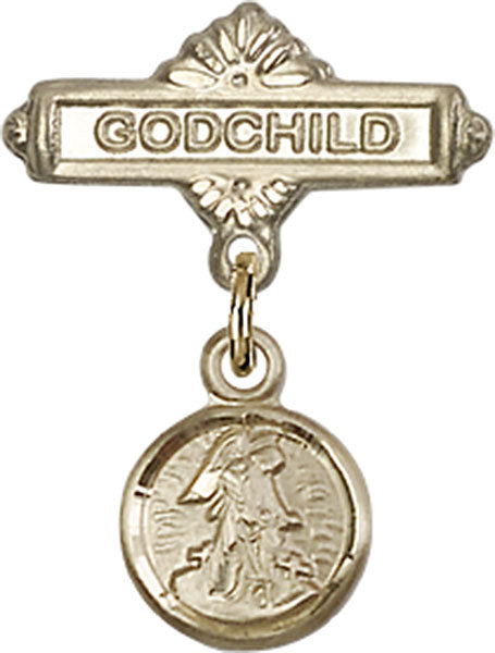 14kt Gold Baby Badge with Guardian Angel Charm and Godchild Badge Pin