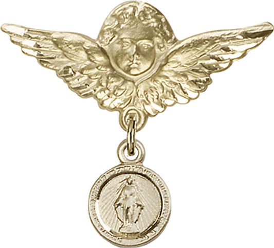 14kt Gold Baby Badge with Miraculous Charm and Angel w/Wings Badge Pin