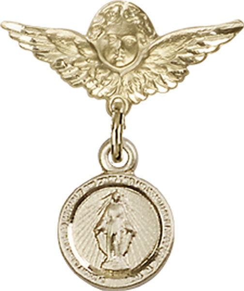 14kt Gold Baby Badge with Miraculous Charm and Angel w/Wings Badge Pin