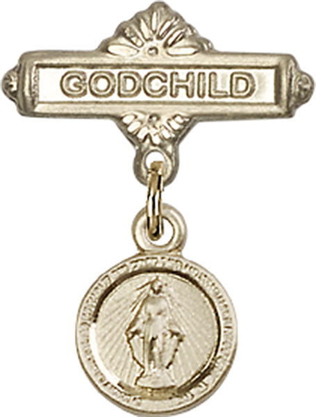 14kt Gold Baby Badge with Miraculous Charm and Godchild Badge Pin