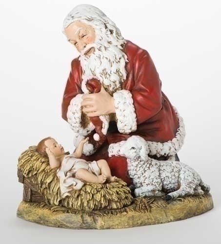 Kneeling Santa with Lamb Statue 13"