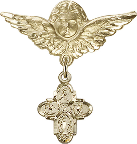 14kt Gold Baby Badge with 4-Way Charm and Angel w/Wings Badge Pin