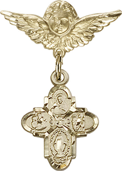 14kt Gold Baby Badge with 4-Way Charm and Angel w/Wings Badge Pin