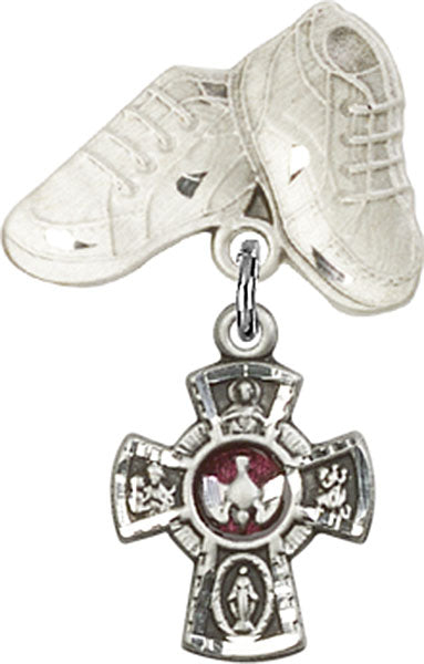 Sterling Silver Baby Badge with Red 5-Way Charm and Baby Boots Pin