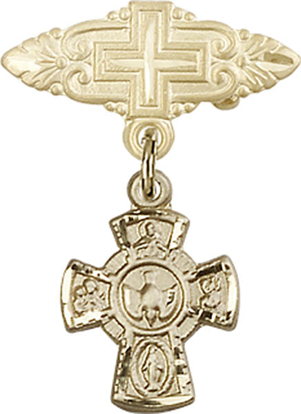 14kt Gold Baby Badge with 5-Way Charm and Badge Pin with Cross