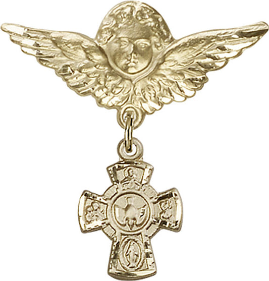 14kt Gold Baby Badge with 5-Way Charm and Angel w/Wings Badge Pin