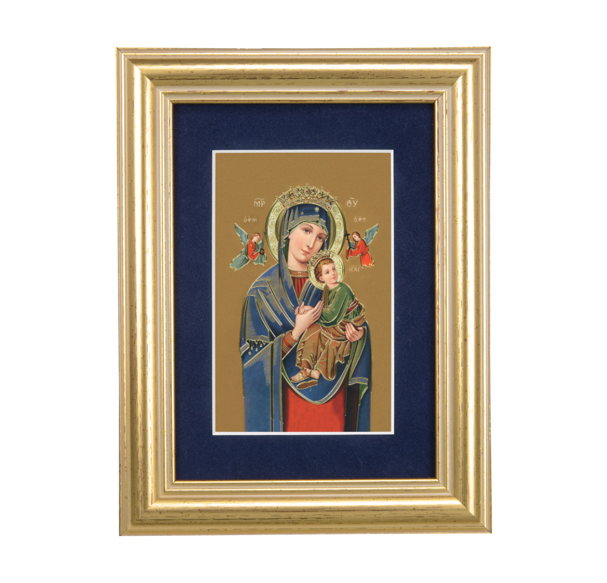 Our Lady of Perpetual Help Gold Framed Art with Blue Velvet Matting