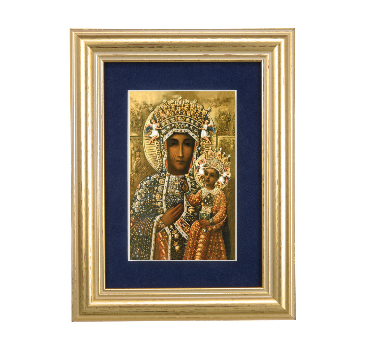 Our Lady of Czestochowa Gold Framed Art with Blue Velvet Matting